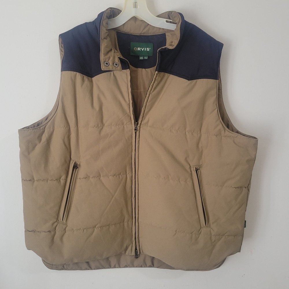Orvis Men's XXL Ridgeline Quilted Vest. Navy Blue /Tan